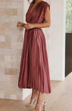 Pleated V Neck Wedding Guest Midi Dress