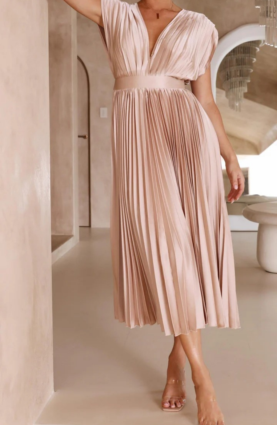 Pleated V Neck Wedding Guest Midi Dress