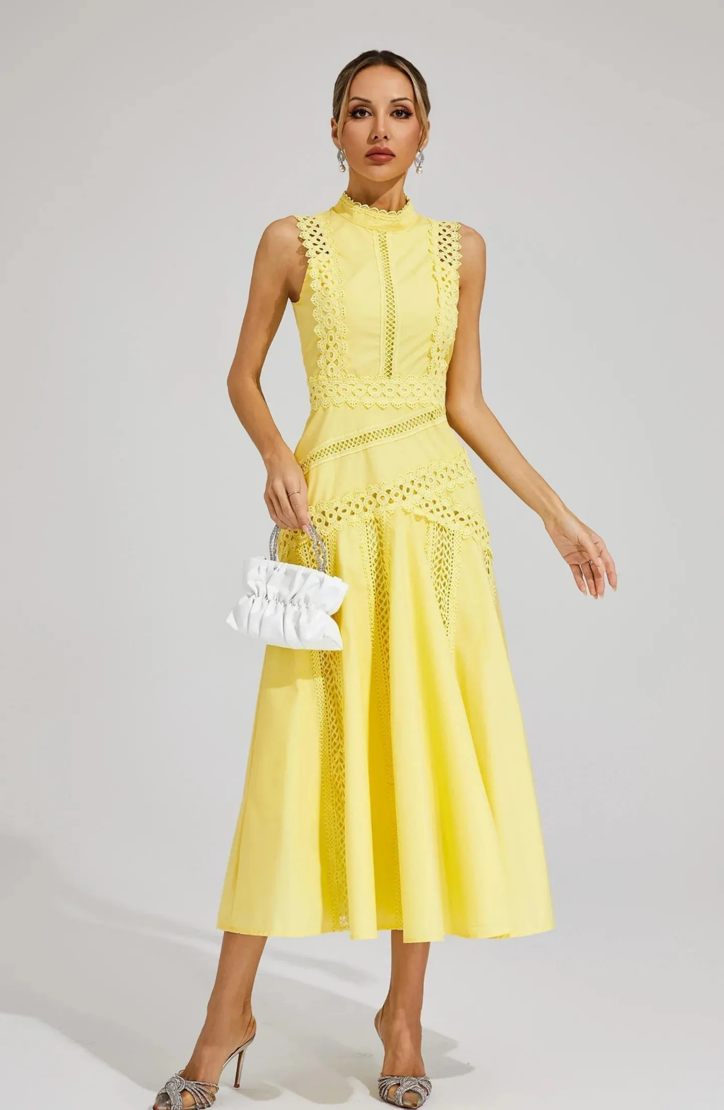 Romantic White Lace Midi Dress with Feminine A-Line Fit