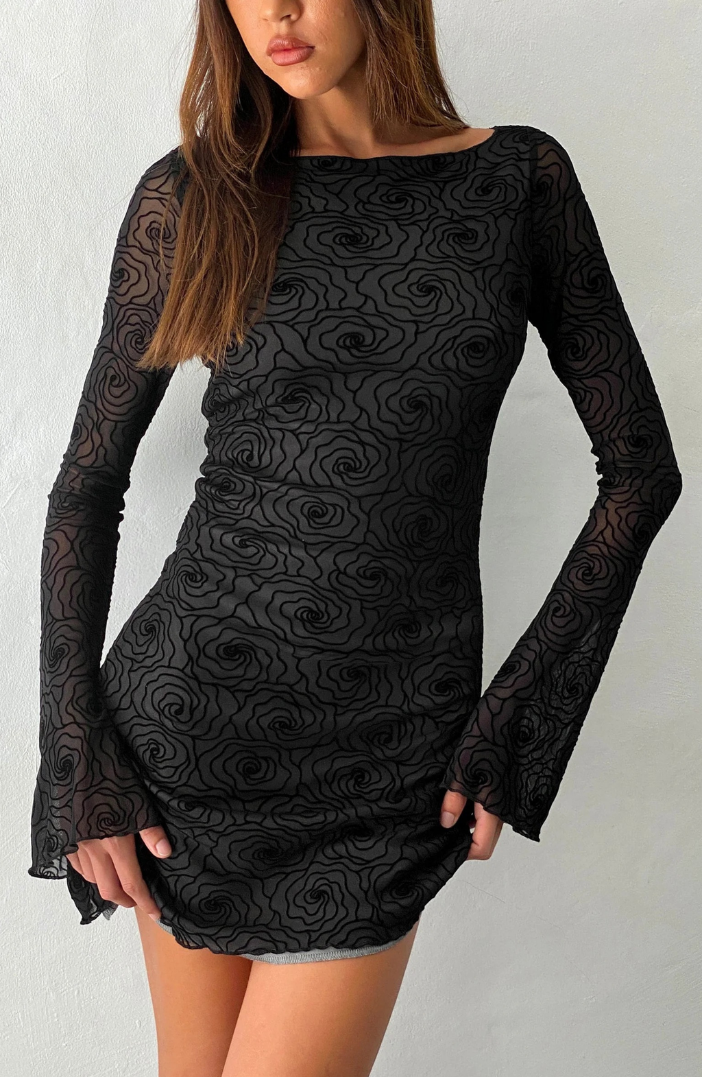 Vintage Floral Mesh Mini Dress with Flared Sleeves