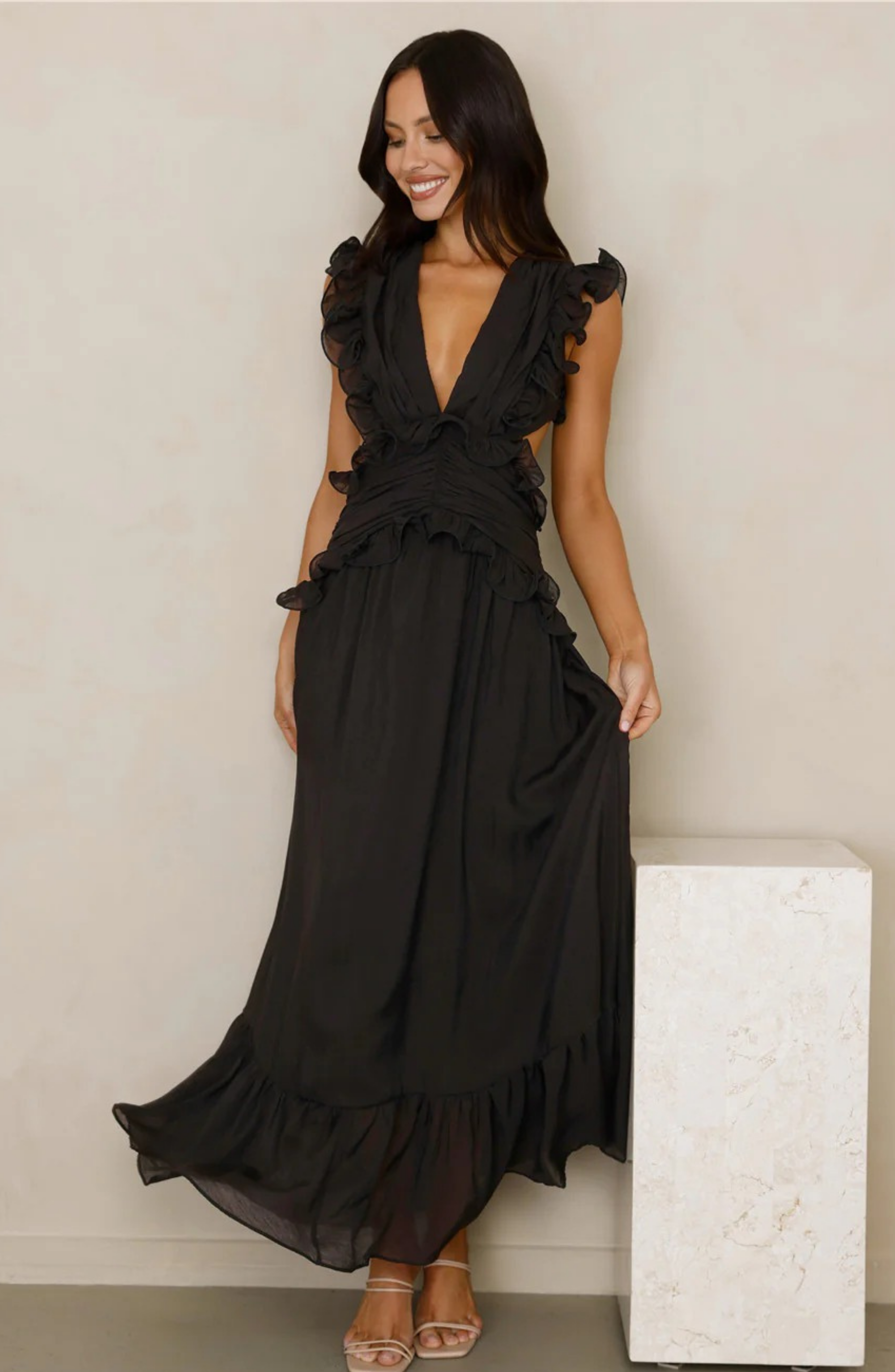 Ruffle Maxi Dress with Deep V-Neck and Flowy Skirt