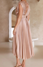 Pleated V Neck Wedding Guest Midi Dress