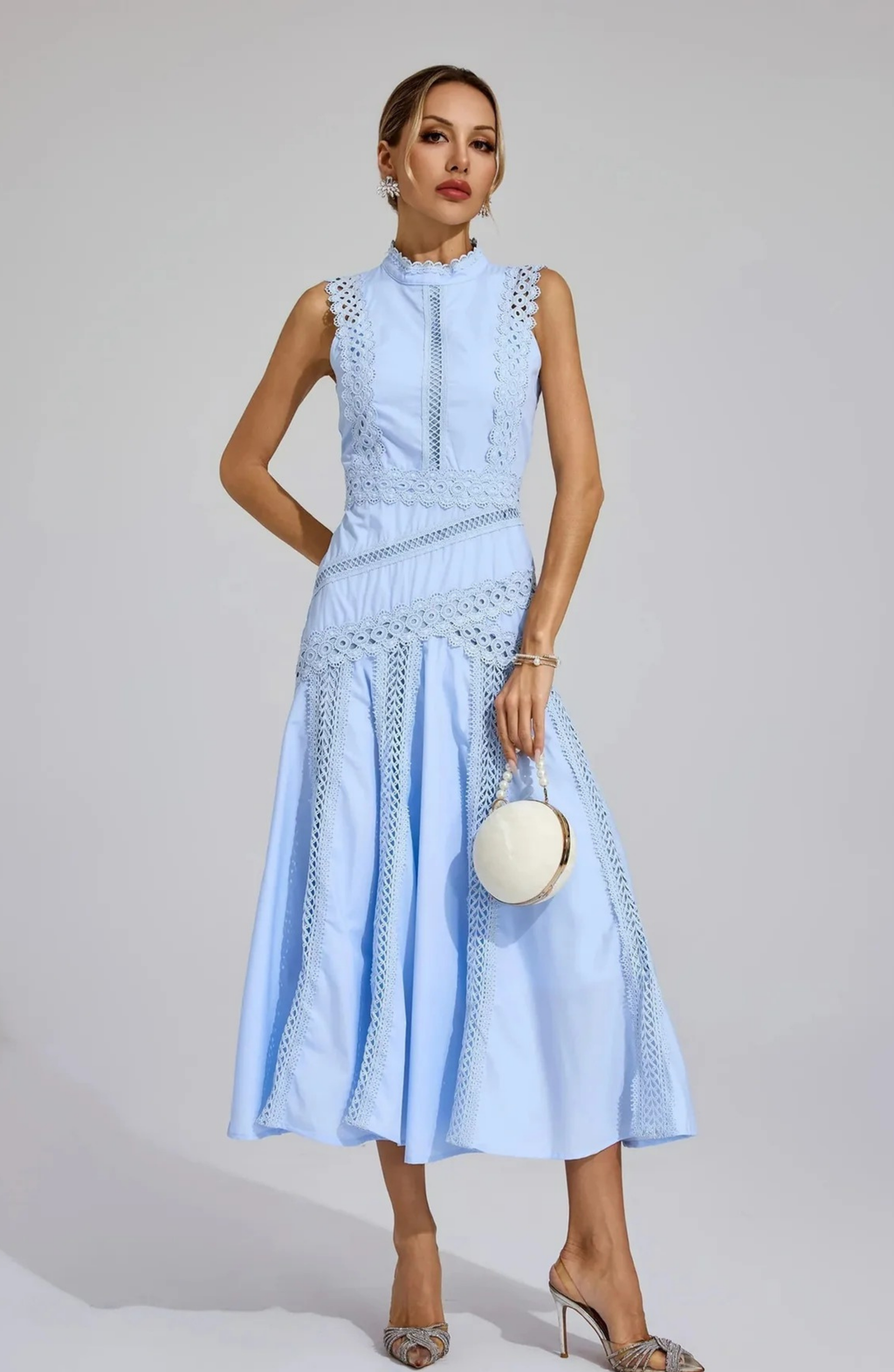 Romantic White Lace Midi Dress with Feminine A-Line Fit