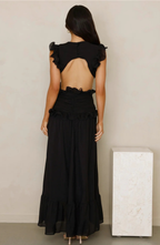 Ruffle Maxi Dress with Deep V-Neck and Flowy Skirt