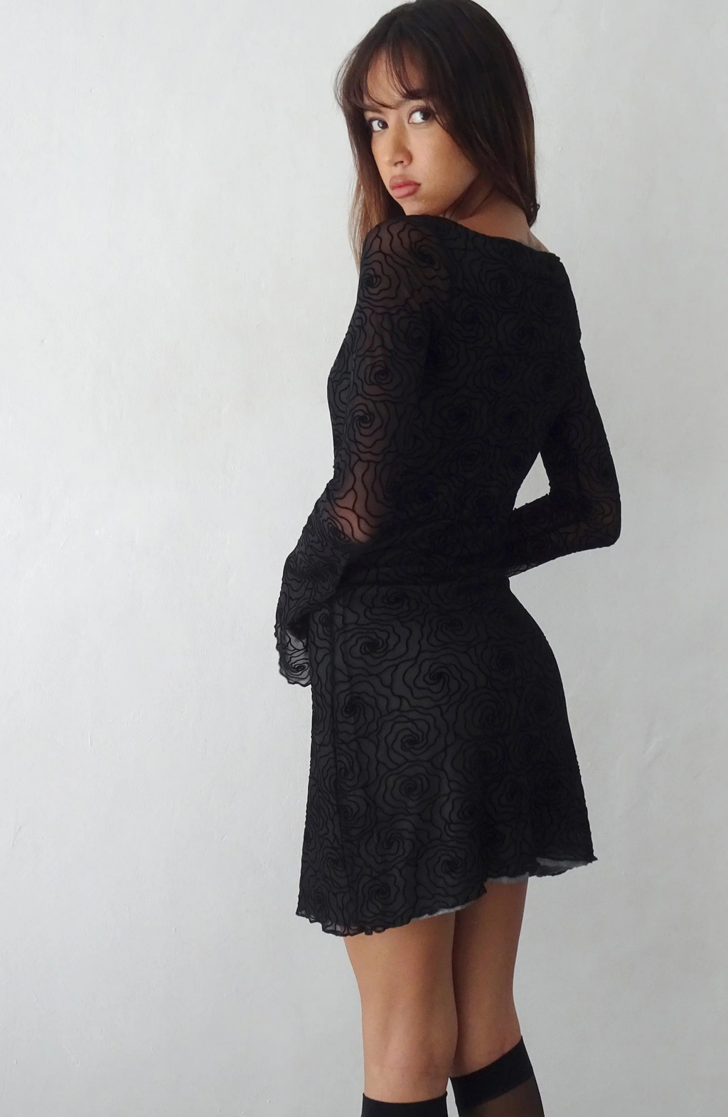 Vintage Floral Mesh Mini Dress with Flared Sleeves