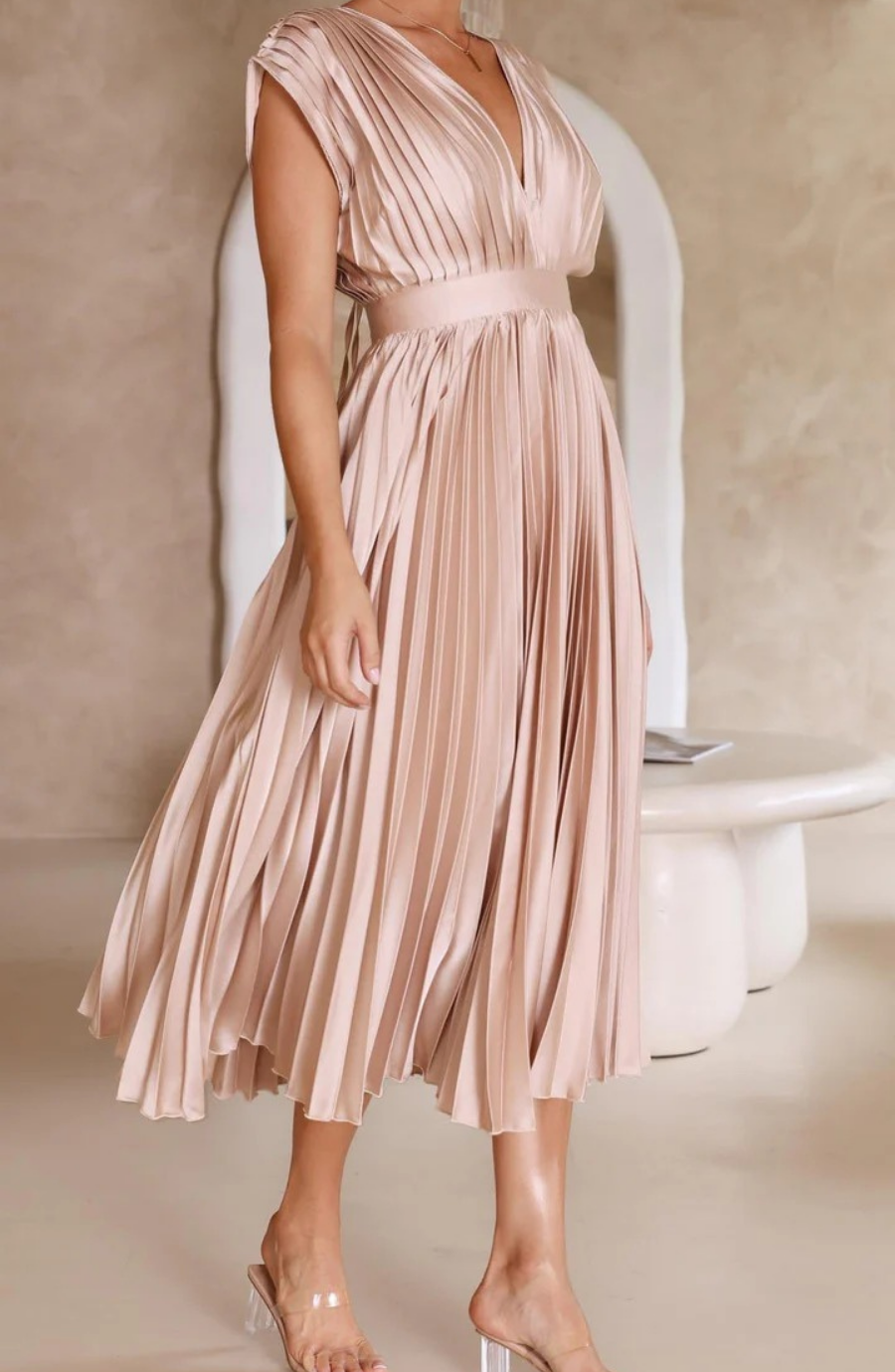 Pleated V Neck Wedding Guest Midi Dress
