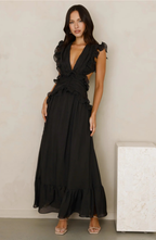 Ruffle Maxi Dress with Deep V-Neck and Flowy Skirt