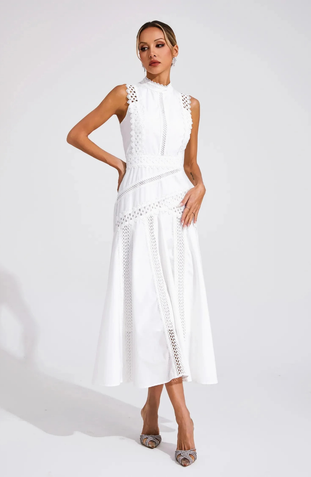 Romantic White Lace Midi Dress with Feminine A-Line Fit