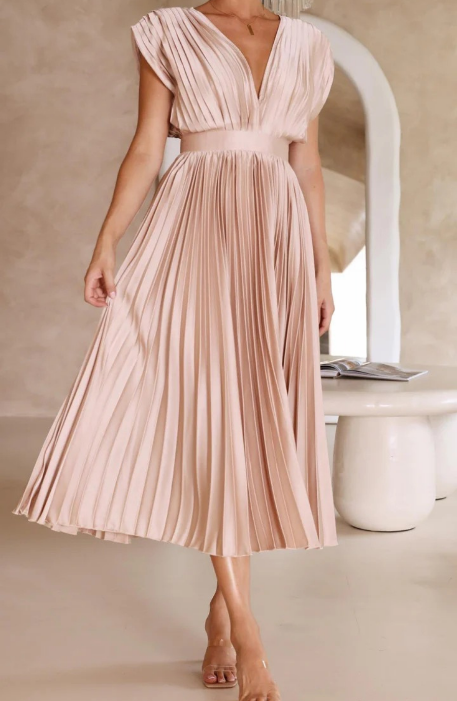 Pleated V Neck Wedding Guest Midi Dress
